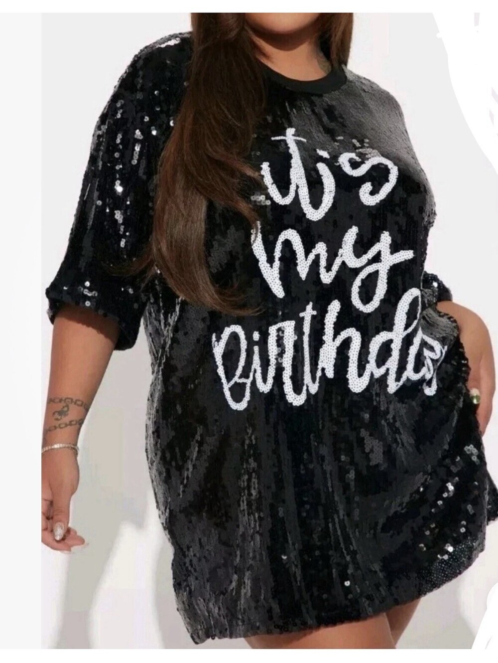 Fashion Nova "It's My Birthday" Black Sequin Shirt Dress Women's Plus One Size